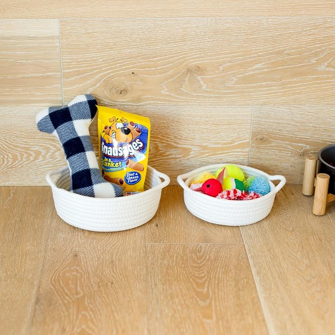 5-Piece Round Woven Cotton Rope Storage Baskets for Organizing, Small Shallow Nesting Set for Montessori Toys, Entryway Catchall, Fruit Bowl, Key Tray, Remote Holder, Nursery & Pet Toys
