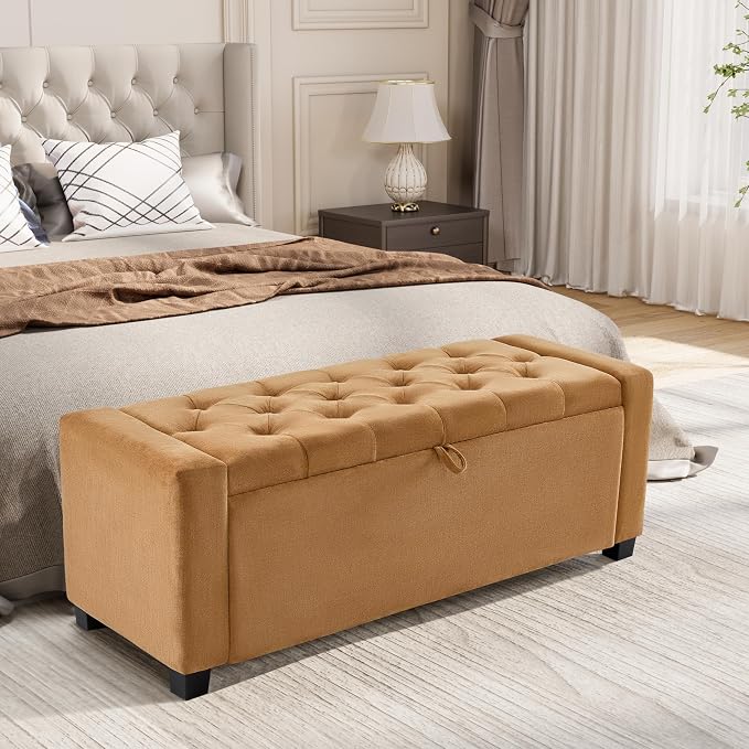 Royal Windsor Ottoman with Storage,Tufted Storage Bench with Safety Hinge,Holds up to 350 lb,Upholstered Bench with Seating for Bedroom, Living Room,Entryway,Ginger