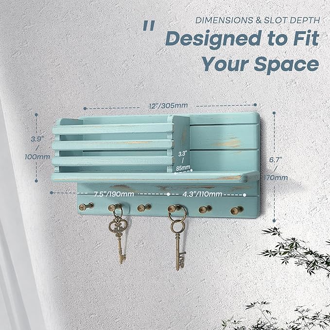 Rebee Vision Key Holder Wall Mount with Mail Slot for Home Decor, Blue | Pine Wood, Key Holder for Wall, 8 Key Hooks, Mail Organizer, Paper Storage, Wall Organizer, key Hanger Apartment Aesthetic