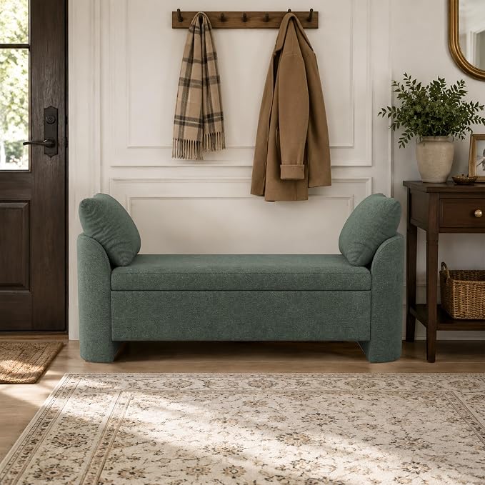 Usaint 58.3" Upholstered Storage Ottoman Bench with 2 Throw Pillows, Green | End of Bed Bench with Curved Arms and Thickened Seat Cushion for Bedroom, Livingroom, Window, Entryway and Dressing Areas