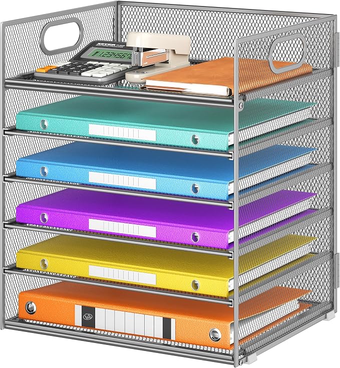 6 Tray Paper Organizer Letter Tray with Handle - Mesh Desk File Folder Holder, Paper Sorter for Office, Home or School - Silver