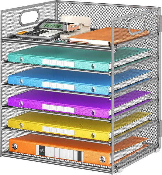 6 Tray Paper Organizer Letter Tray with Handle - Mesh Desk File Folder Holder, Paper Sorter for Office, Home or School - Silver