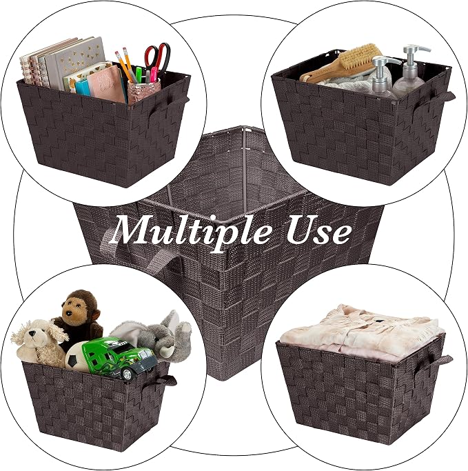 Simplify Medium Woven Strap Tote | Decorative Storage Basket | 2 Handles | Organization | Closet | Bedroom | Bathroom | Nursery | Accessories | Toys | Gifts | 4 Pack | Chocolate