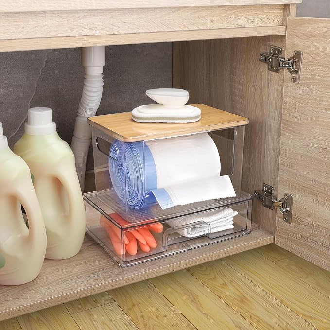 2Pcs Trash Bag Holder Under Sink Stackable Storage, Extra Large Laundry Room Organization and Storage, Laundry Pod Organization with Lid, Garbage Bag Dispenser Roll Holder for Kitchen Cabinet