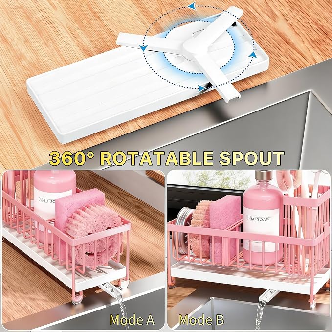 Cisily Sponge Holder for Kitchen Sink, Sink Caddy Organizer with High Brush Holder, Kitchen Countertop Organizers and Storage Essentials, Rustproof 304 Stainless Steel (Pink, 9.25″)