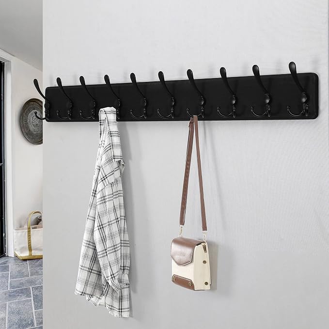 Coat Rack Wall - Heavy-Duty 38-1/4" Long, with Reinforced 10 Custom Tri-Hooks, Solid Wood Wall Hanger for Coats Hat Jackets - Rustic Farmhouse Entryway Hallway Storage, Black