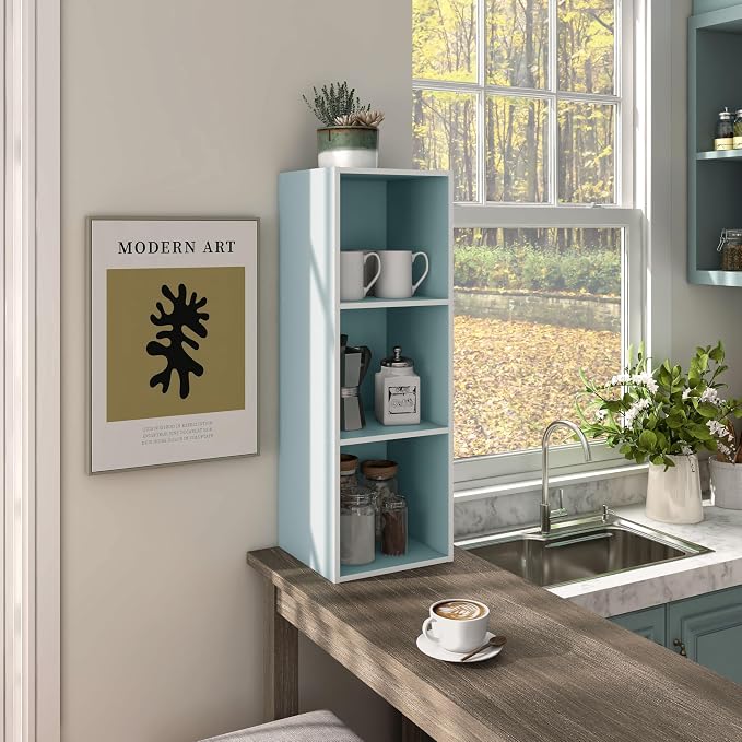 Homes: Inside + Out Apexa 3-Cube Storage Organizer Shelves, Stackable Wood Bookcase Fits Cubby Bins for Organization, Dorm Teen Room Decor & Home Office, Light Blue