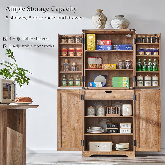 72" Tall Wooden Pantry Storage Cabinet with Door Shelves & Drawer | Farmhouse, Barn Doors, Adjustable Shelves, Freestanding, Anti-tip Kit, for Kitchen, Dining Room, Living Room