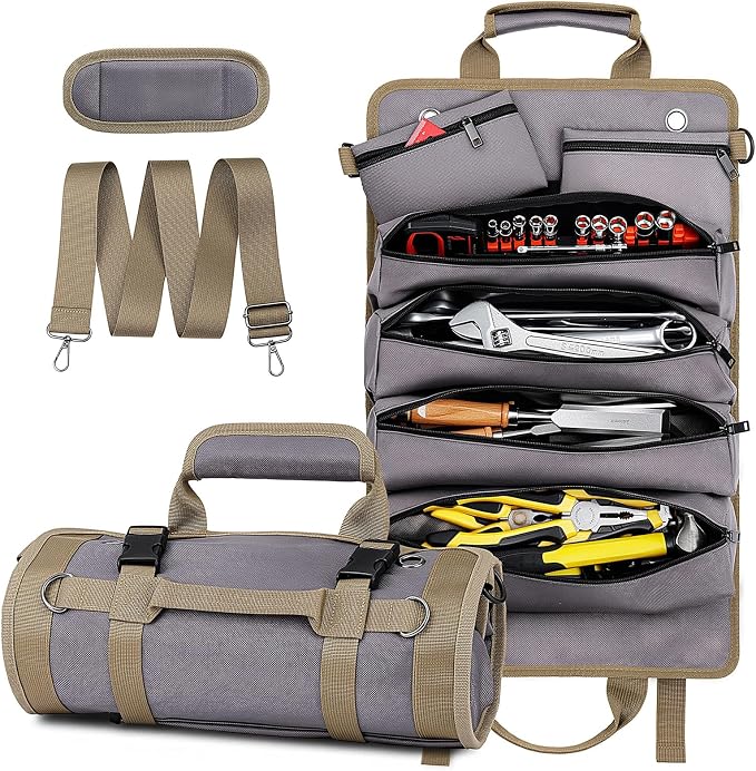 Tool Roll Up Bag, 1680D Heavy Duty Tool Bag Organizer with 2 Detachable Tool Pouches & Multiple Pockets, Waterproof Motorcycle Tool Roll for Mechanic & Electrician, Gift for Men Him Dad, 21.9"*13.8"