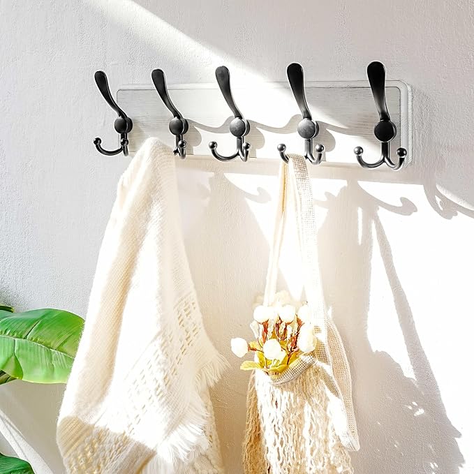 Coat Rack Wall Mounted - 5 Tri Hooks, Heavy Duty, Wooden Wall Coat Hanger Coat Hook for Clothes Hat Jacket Clothing, White & Black