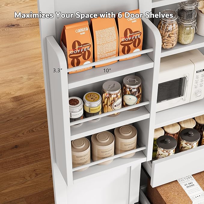 iPormis 71" Tall Kitchen Pantry Storage Cabinet w/Door and Adjustable Shelf & Large Drawers, Freestanding Kitchen Cupboard for Dining Room/Living Room, White