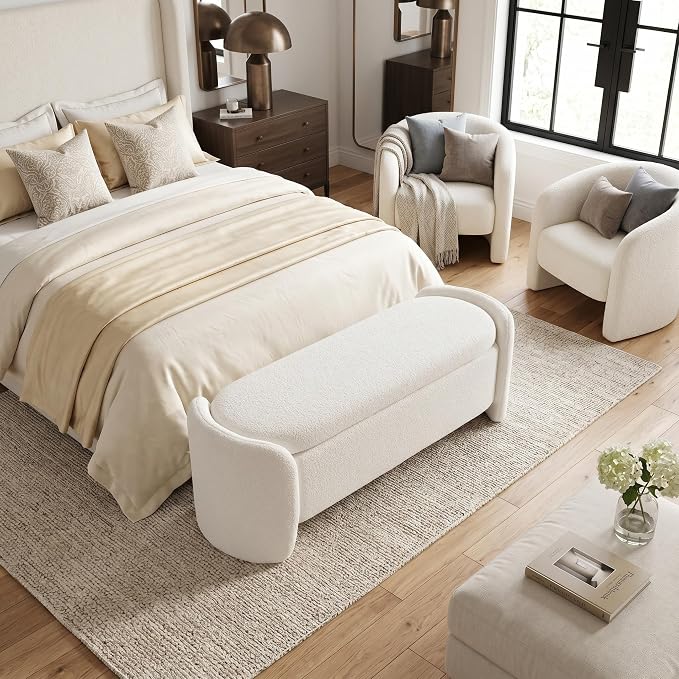 LukeAlon 50" Wide Sherpa Storage Bench, Sturdy Solid Wood Frame Ottoman with Large Hidden Storage, Anti-Slip & Durable Shoe Bench for Bedroom, Entryway, Living Room, White, No Assembly Required