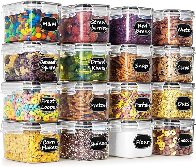 Wildone Airtight Food Storage Containers with Lids 0.8L, 16PCS, Black | Kitchen and Pantry Organization Canisters for Cereal, Pasta, Snack, Sugar, Flour, Airtight Seal, BPA Free, Includes 20 Labels