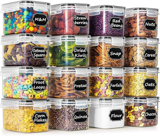 Wildone Airtight Food Storage Containers with Lids 0.8L, 16PCS, Black | Kitchen and Pantry Organization Canisters for Cereal, Pasta, Snack, Sugar, Flour, Airtight Seal, BPA Free, Includes 20 Labels