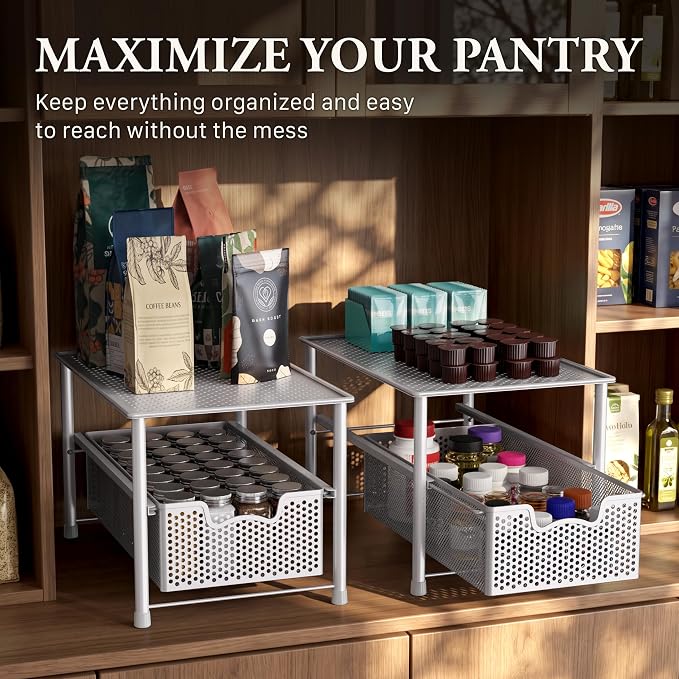 Simple Houseware Stackable Under Sink Sliding Basket Drawer, White | Perforated Free Standing Organizer, Kitchen/Pantry/Cabinet/Counter