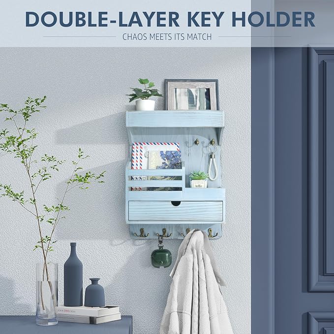 Rebee Vision Key Holder Wall Mount with Drawer & Shelf for Entryway, Blue | Pine Wood, Key Holder for Wall, 6 Sturdy Hooks, Floating Shelf, Drawer Organizer, Mail Sorter, Home Decor, Decorative Storage