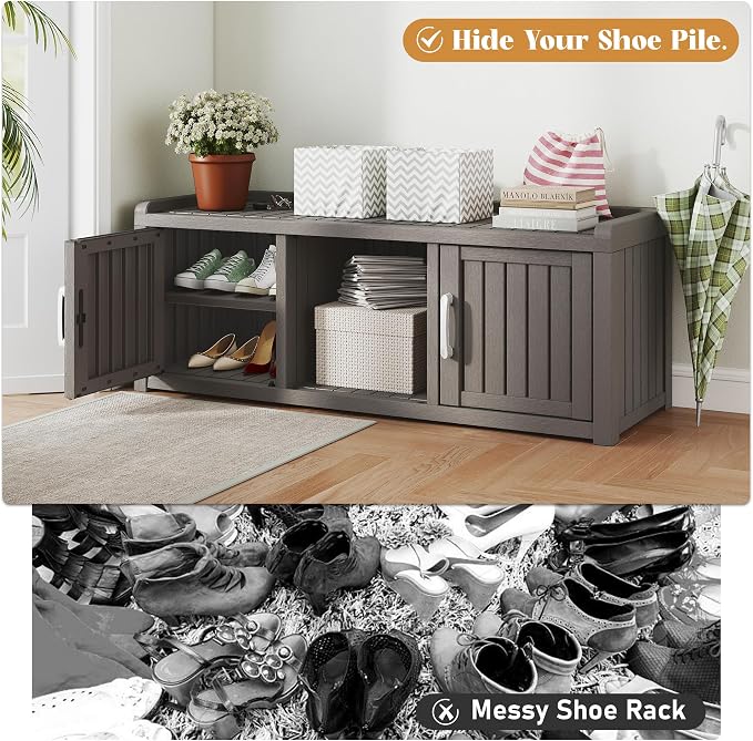 NUNU LAB Shoe Storage Cabinet, Waterproof Shoe Organizer with Adjustable Shelves, UV-Resistant Entryway Shoe Cabinet Bench with 2 Barn Doors for Indoor Outdoor, Foyer, Hallway, Living Room,Grey