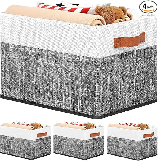 Fab totes Collapsible Storage Baskets for Shelves,14"x10", 4 Pack Foldable Fabric Storage Bins with Double Leather Handles, Large Baskets for Organizing Books, Clothes, White & Black