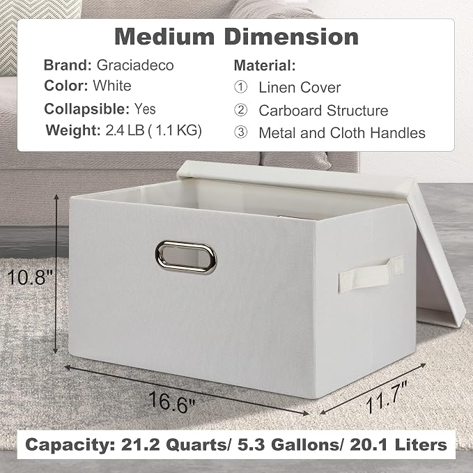 Graciadeco Medium 15" 21 Quart Collapsible Stackable Storage Bins with Lids, 5 Packs White Foldable Fabric Closet Storage Boxes with Lids, Lidded Heavy-duty Linen Baskets(15x11x8) | 21 Quart 5 Pack White Collapsible Stackable Linen Fabric 4 Handles Bed...