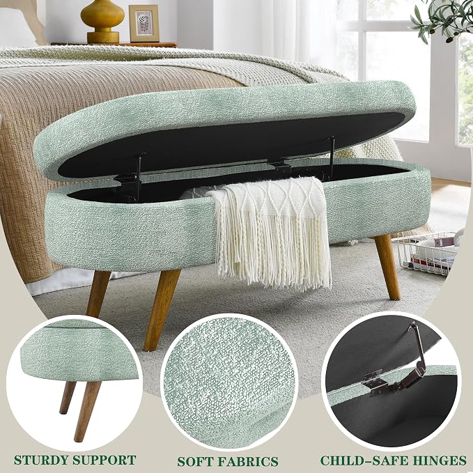 43.5" Ottoman with Storage, Storage Ottoman Bench with Safety Hinge, Foam End of Bed Bench, Upholstered Entryway Bench for Bedroom, Living Room & Window, Holds up to 330 lb, Cyan