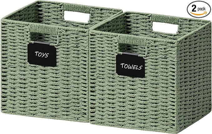 UBBCARE 2 Pack Wicker Basket, 10.5×10.5 Storage Cubes with Label, Foldable Cube Storage Bin with Handle, Square Storage Basket for Shelves, Woven Paper Rope Basket for Organizing, Green