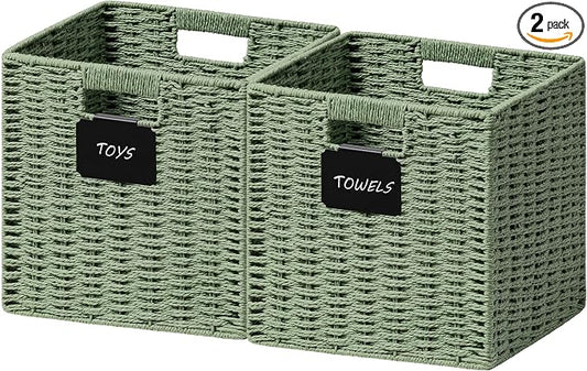 UBBCARE 2 Pack Wicker Basket, 10.5×10.5 Storage Cubes with Label, Foldable Cube Storage Bin with Handle, Square Storage Basket for Shelves, Woven Paper Rope Basket for Organizing, Green