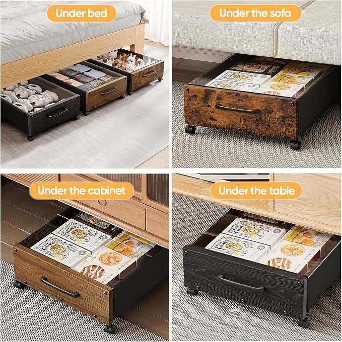 KITHELP Wooden Under Bed Storage with Wheels, Rolling Under the Bed Storage Bins with Removable Lid, Metal Under Bed Drawers for Clothes and Shoes in Bedroom or Living Room(Vintage Brown-1pack)