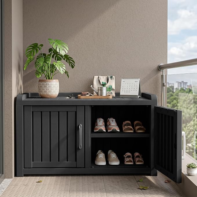 ROJIK Outdoor Shoe Storage Bench, Shoe Cabinet Double Door, Black | Waterproof UV-Resistant,Storage Bench Indoor Outdoor with Adjustable Shelves,for Entryway Bedroom,Hallway,Living Room