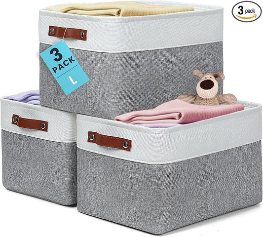 OrganiHaus 15x11in Canvas Storage Baskets 3 Pack - Fabric Bins for Shelves | Vegan leather handles; a decorative closet organizer for clothes, shoes, or toys; bedroom container