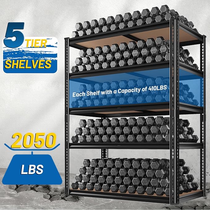 ROOMFAVE 72" H Storage Shelves 5 Tier Garage Shelving Heavy Duty,2050LBS Adjustable Metal Shelving Unit, Garage Shelves for Basement, Warehouse, Pantry, Closet, 72" H x 35.5" W x 16" D, Black,4PCS