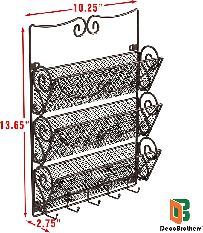 Deco Brothers Wall Mail Organizer with 5 Key Holder, 3 Tier, Bronze