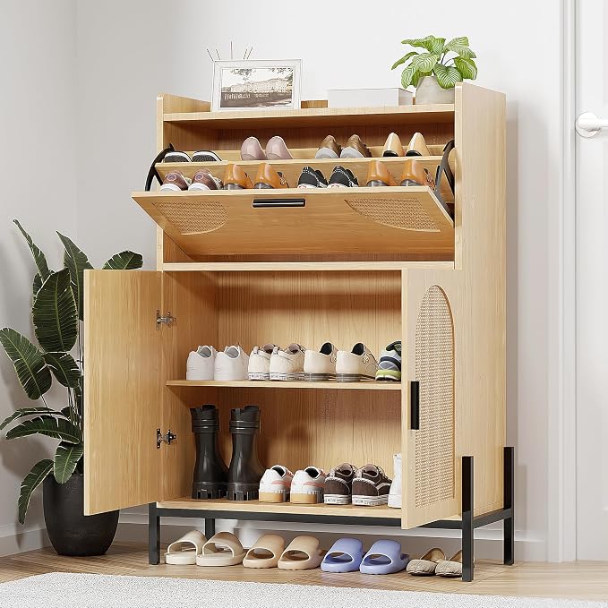 Shoe Cabinet Storage for Entryway, Narrow Wooden Shoe Organizer with Flip Drawer and Lower Double Door Cabinet, Rattan Shoe Cabinet with Metal Legs, 46 x 31.5 x 13.7 in