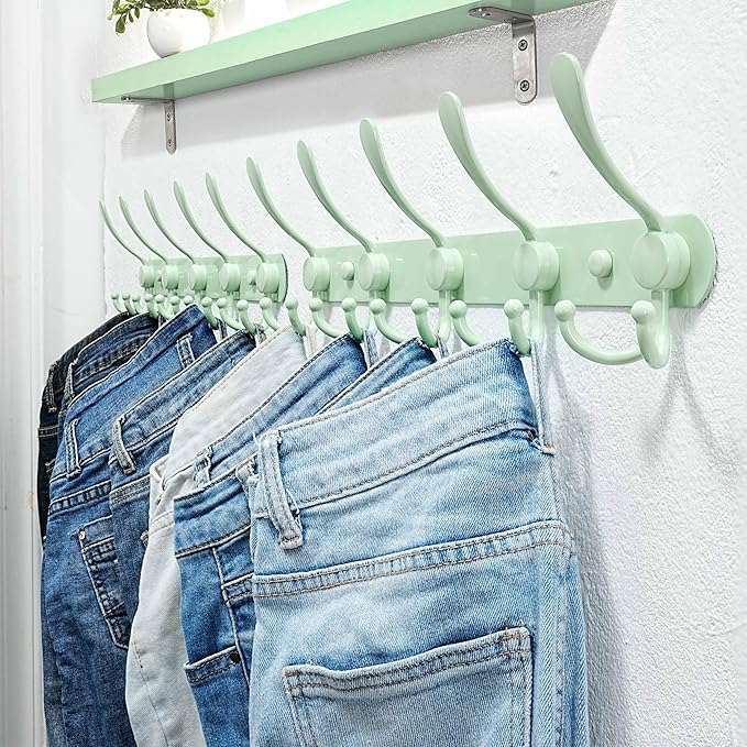 Dseap Coat Rack Wall Mounted - 5 Tri Hooks, Heavy Duty, Stainless Steel, Metal Coat Hook Rail for Coat Hat Towel Purse Robes Mudroom Bathroom Entryway (Green, Pack of 2)