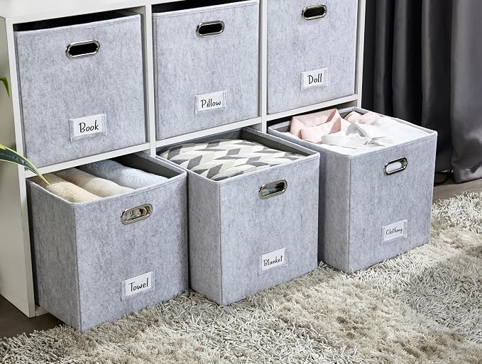 DECOMOMO Felt Storage Bins, 13 inch Cube Storage Bin with Labels | 6 Pack Storage Baskets for Shelves, Kallax ( Light Grey)