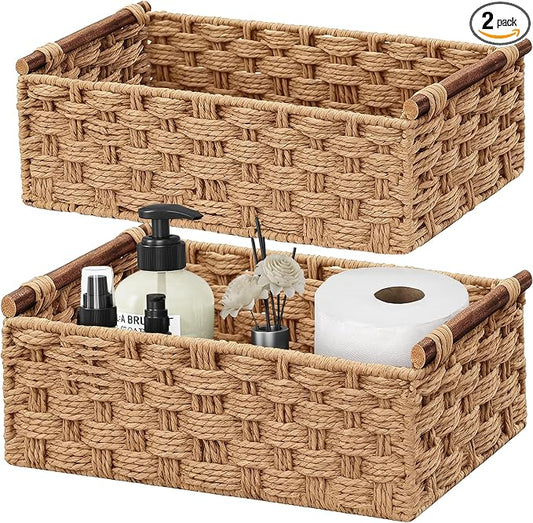 Vagusicc Wicker Storage Basket, Set of 2 Hand-Woven Paper Rope Wicker Basket for Organizing with Handle Decorative Storage Bins for Counter Shelf Table Toilet Paper Basket for Toilet Tank Top, Natural