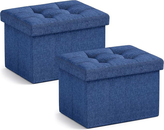 Ornavo Home Small Rectangle Storage Ottoman Set of 2, Linen, 12x16x12, Navy | Foldable Collapsible Design; Foot Rest Stool Seat; Ideal for Living Room, Bedroom, Home Office or Dorm