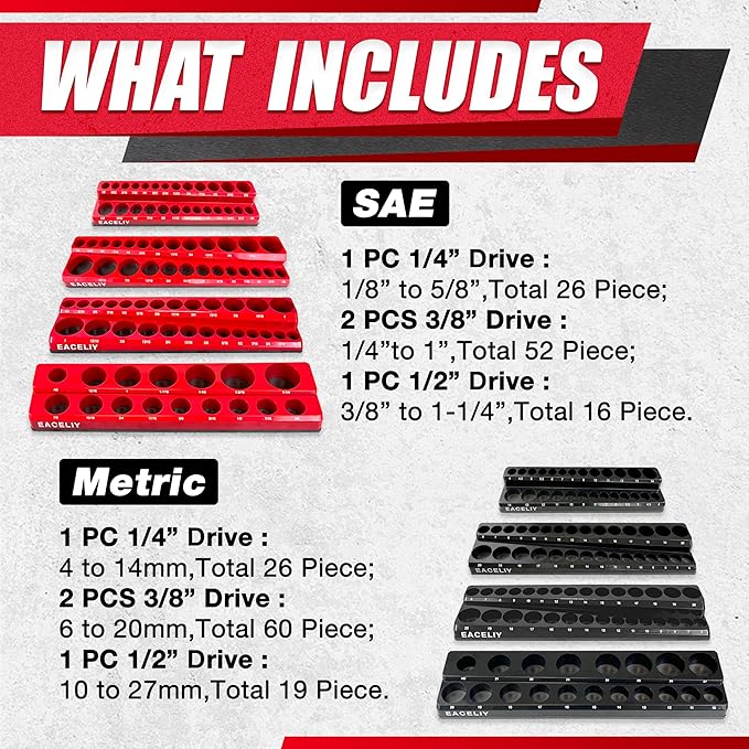 Magnetic Socket Organizer Set, 1/2", 1/4" and 3/8" SAE & Metric Deep & Shallow Tools Tray Holder Kit, holds 199pcs Sockets (sockets not included) (8PC 1/2&3/8&1/4) 丨8PCS