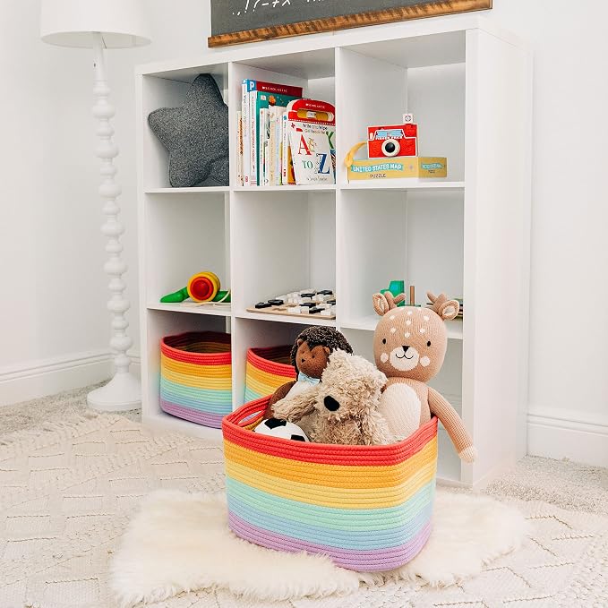 OrganiHaus Rainbow Baskets for Shelves, Set of 3, 15x9x10 | Colorful, handwoven cotton rope; a toy bin for playroom, classroom, or girls' room decor; great for nursery too