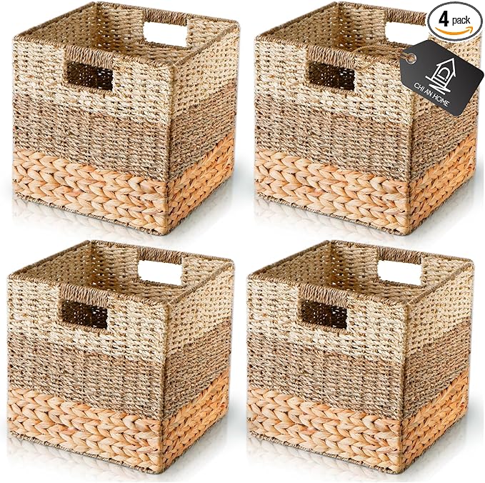 11x11 Wicker Storage Cubes Storage Baskets For Shelves Set 4 | 10.5 x 10.5 Water Hyacinth Storage Baskets Woven With Seagrass, Palm Leaf. Foldable Square Baskets With Carry Handles