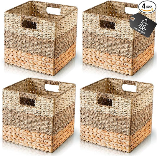11x11 Wicker Storage Cubes Storage Baskets For Shelves Set 4 | 10.5 x 10.5 Water Hyacinth Storage Baskets Woven With Seagrass, Palm Leaf. Foldable Square Baskets With Carry Handles