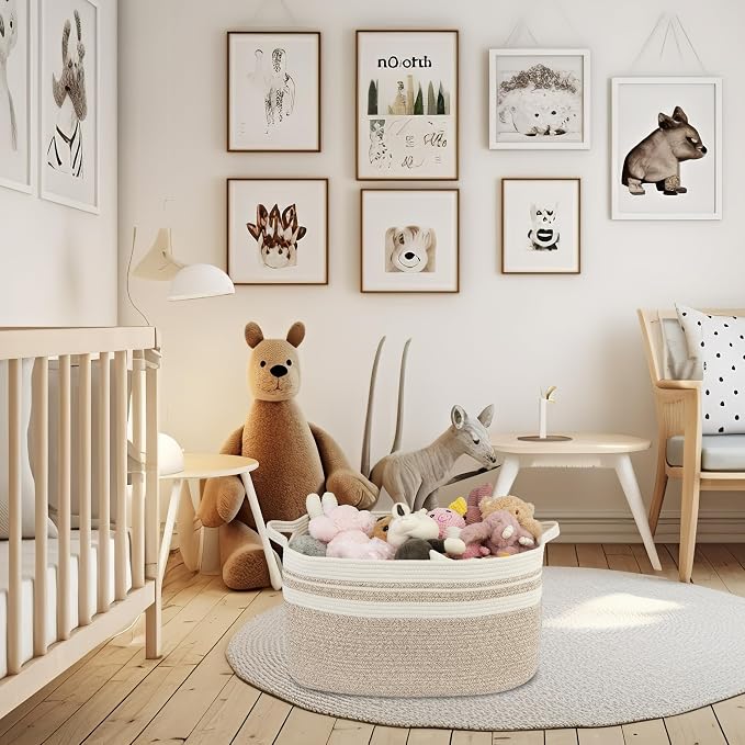 XUANGUO Large Woven Cotton Rope Blanket Basket 22"x17"x12" White Brown | Storage basket for nursery and living room; toy basket for kids or laundry basket for clothes and towels.