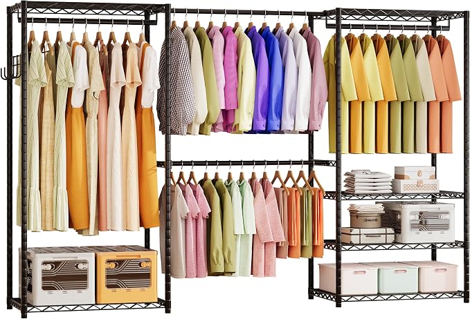 ecobedding Heavy Duty Garment Rack, 1000LBS Max Load Freestanding Closet Organizer with 6 Storage Shelves & 3 Adjustable Hanging Rods, Multifunctional, Glossy Black, 15.75" D x 70-88.5" W x 76.5" H