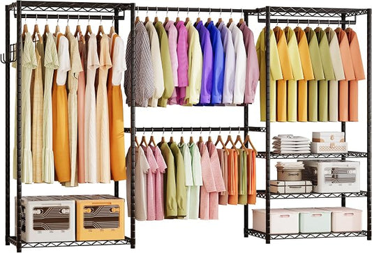 ecobedding Heavy Duty Garment Rack, 1000LBS Max Load Freestanding Closet Organizer with 6 Storage Shelves & 3 Adjustable Hanging Rods, Multifunctional, Glossy Black, 15.75" D x 70-88.5" W x 76.5" H