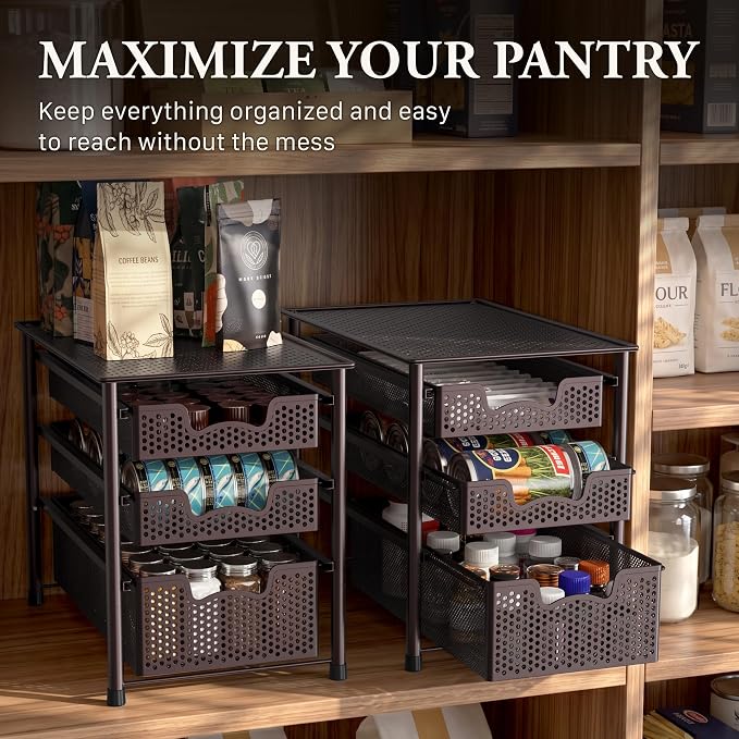 Simple Houseware Stackable 3 Tier Sliding Basket Organizer Drawer, Bronze
