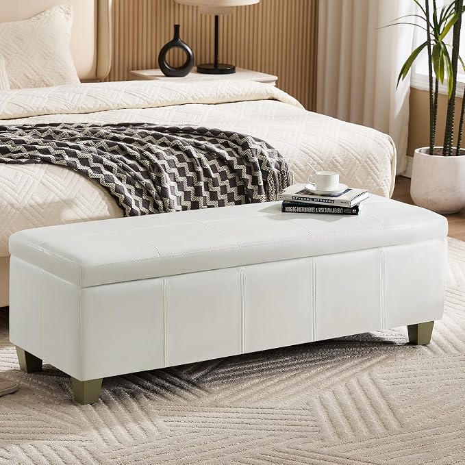 WUTUTUEE 51" Faux Leather Storage Ottoman, Stitch Tufted Rectangle Upholstered End of Bed Storage Bench, Entryway Large Couch Ottoman with Wooden Legs,White