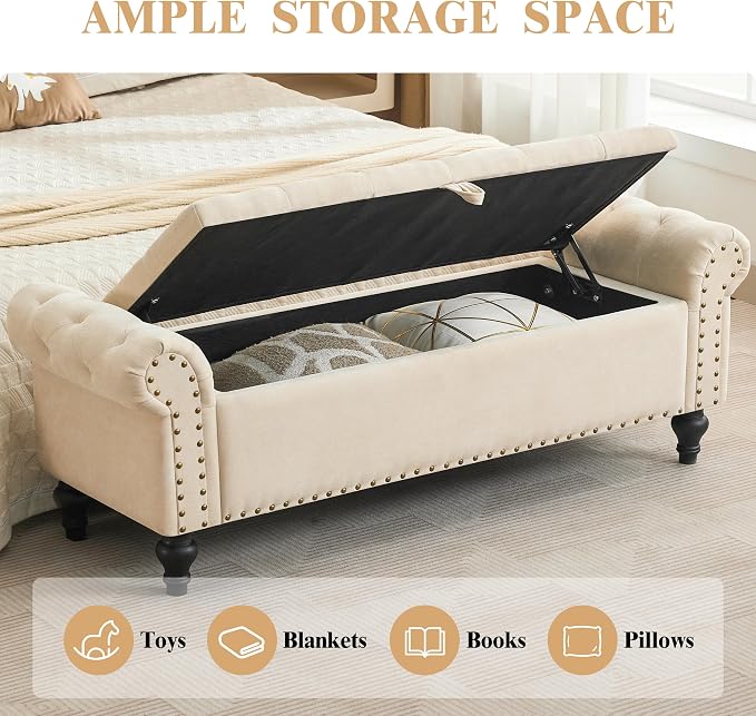 55" Storage Bench for Bedroom, Upholstered Ottoman Bench, Chenille Beige | End of Bed Bench for Bedroom, Window Benches for Living Room, Entryway, Ottoman with Large Storage Space, Pet Friendly