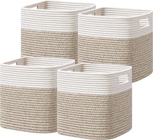 UBBCARE Set of 4 Storage Cubes-13 X 13 X 13 In, Cotton Rope Basket for Shelves, Toys, Book, Cube Storage Bin with Handles, Woven Storage Basket for Organizing, White/Brown