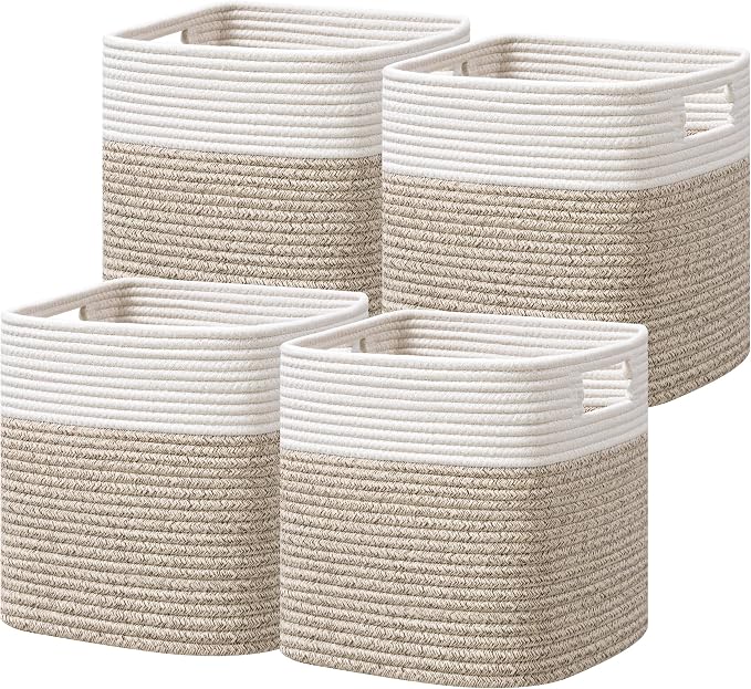 UBBCARE Set of 4 Storage Cubes-11 X 10.5 X 10.5 In, Cotton Rope Basket for Shelves, Toys, Book, Cube Storage Bin with Handles, Woven Storage Basket for Organizing, White/Brown