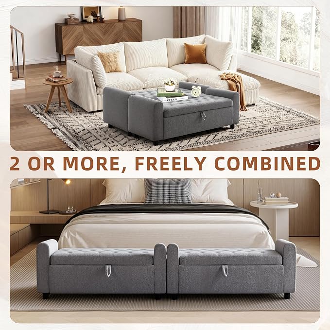 48" Ottoman with Storage, Tufted Storage Ottoman Bench, Convenient Living Room Fabrics Bench Seat, Entryway Shoe Benches with Inner Zipper & Arm, Rivetless Upholstered Window Seat Ottomans, Dark Grey