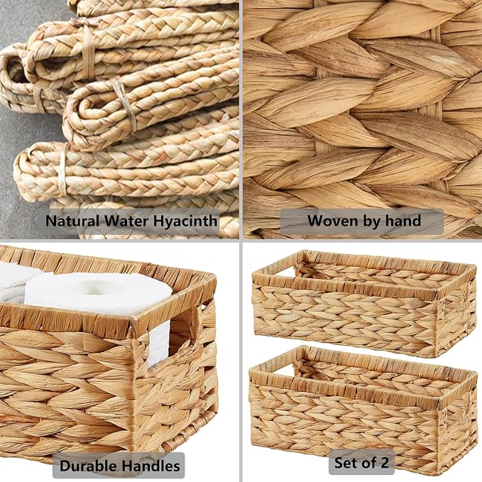 Wicker Storage Basket, Set of 2 Hand-Woven Water Hyacinth Wicker Baskets for Organizing Decor Storage Bins for Counter Shelves Pantry Basket Small Toilet Paper Basket for Toilet Tank Top